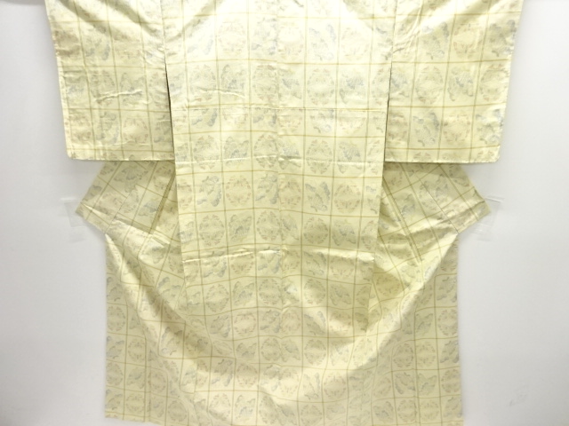 JAPANESE KIMONO / UNUSED / SILK / HAND WOVEN TSUMUGI / GRID & BUTTERFLY